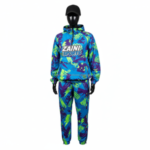 Ensemble coupe-vent pour femmes en polyester 120 GSM, imprimé intégral bleu, vert, violet, avec logo personnalisé par transfert thermique, coupe-vent grande taille - Product Image 4