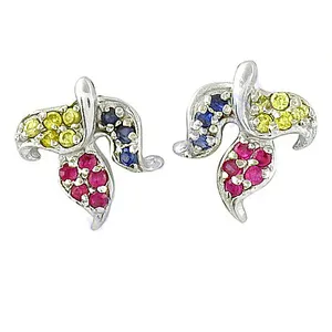 <b>Silver</b> Leaf Trendy <b>Drop</b> <b>Earrings</b> with Ruby Sapphire & Diamond Gemstones GIA Certified Gold Plated for Weddings Engagements - Product Image 1