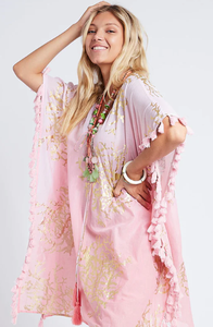 Kaftan corto con cuello en V y estampado dorado para mujer de nuevo estilo, mangas tres cuartos, Mini longitud con cordones, ropa de resort elegante para la playa - Product Image 3