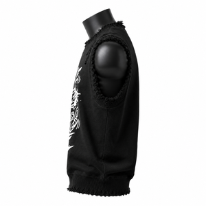 Camiseta sin mangas de punto negra para hombre con estampado gráfico blanco, cuello redondo y ribete de encaje estilo urbano - Product Image 1