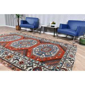 5.6x8.6 ft Vintage Rug, Turkish Large Rug, <b>Red</b> Blue Striped <b>Wool</b> Rug - Product Image 3