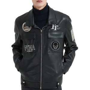<b>Men's</b> PU Leather Bomber <b>Jacket</b> Moto <b>Biker</b> Style Embroidered Patch Design Turn-Down Collar Zipper Closure Regular Fit Winter - Product Image 1