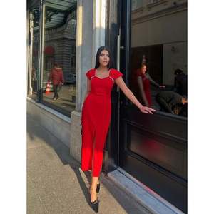 MissJANELL Vestido largo rojo con lazo y botones para mujer, elegante vestido largo de poliéster y elastano con doble atlas para uso diario y de fiesta - Product Image 2