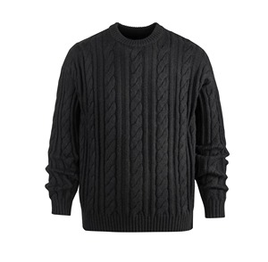 2025 Jersey de punto informal de principios de primavera para hombres, suéter suelto de Color sólido con diseño único de cuello trenzado negro - Product Image 1