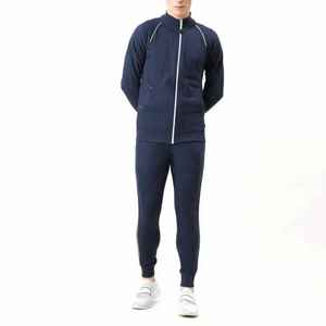 <b>Men's</b> Luxury 100% Cotton Navy Blue Tracksuit <b>White</b> Piping High-Street Slim Fit Premium <b>Jogger</b> Set - Product Image 4