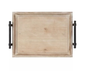 Encantadora bandeja de madera con asas de metal negro y pies rústicos, Perfecta para servir o exhibir en su hogar - Product Image 1