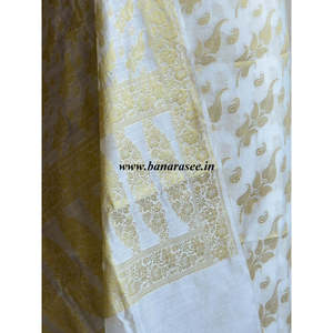Banarasee/Banarasi Salwar Kameez ผ้าคอตตอนผ้าไหมสีทองลายใบไม้ zari Buti-สีขาว - Product Image 3
