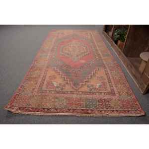 Vintage Turkish Rug <b>Red</b> Yellow Patchwork Design Large Area 3.4 X 7.5ft Wool <b>Material</b> with Latex Backing for Hallway Bedroom - Product Image 2