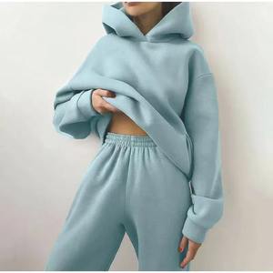 Sudaderas gruesas sólidas de dos piezas para mujer, pantalones largos con capucha, bolsillos de manga larga, cintura elástica, trajes informales para invierno de talla grande - Product Image 6