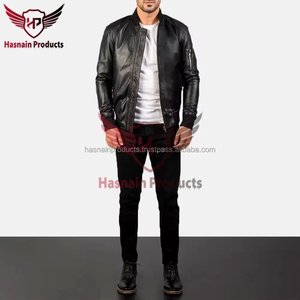 Chaqueta Bomber de Cuero Genuino Negro para Hombre, Cuello Acanalado, Cremallera, Bolsillos en las Mangas, Piel de Oveja, Chaqueta de Vuelo MA1 Personalizada, Abrigo de Invierno para Aviador - Product Image 2