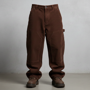 Pantalon de travail en coton 100% brun chocolat de poids moyen, coupe ample surdimensionnée pour homme, jambe large, double genouillère, taille mi-haute, logo personnalisé - Product Image 1