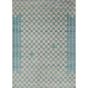 Tapis en laine noué à la main Blythe Blue AKWJ-1004, grand motif géométrique en losanges, pour salon ou couloir, en viscose - Product Image 1