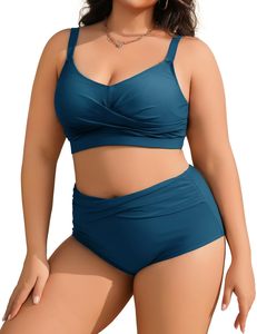 Ensemble bikini deux pièces taille haute froncé bleu sarcelle grande taille pour femme, maillot de bain, tenue de plage, vente en gros - Product Image 1