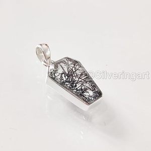 Colgante de Mujer con Piedra Preciosa de Rutilo Negro Natural en Forma de Ataúd, Joyería Hecha a Mano para Navidad, Colgante de Plata de Ley 925 - Product Image 5