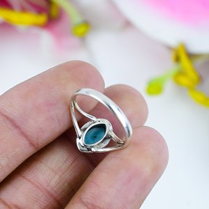 Anillo de Plata de Ley 925 hecho a mano, corte Marquesa Chapado en plata vintage con piedras preciosas naturales de Larimar para bodas y fiestas - Product Image 2