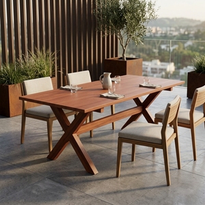 Natural Teak Wood <b>Outdoor</b> Garden Dining <b>Table</b> X Frame Cross Leg Wooden Patio <b>Table</b> Setup Decor Art Pure Room Design - Product Image 3