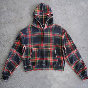 Sweat à capuche surdimensionné en coton vintage à imprimé intégral de haute qualité avec logo personnalisé, motif gaufré à carreaux, fermeture éclair, pour homme - Product Image 2