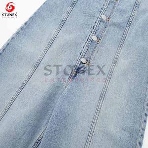 Haute Qualité Denim Bouton Up Combinaison Vintage Bleu Jean Large Jambe Cloche Bas Femmes Barboteuses - Product Image 5