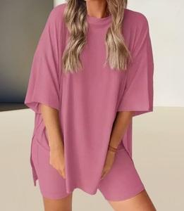 Ensemble confortable d'été-T-shirt et short de couleur unie à coupe ample pour femmes-Ensemble 2 pièces - Product Image 2