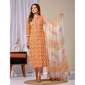 Yellow Floral Design <b>Block</b> <b>Printed</b> Cotton Anarkali Suit Latest Ethnic Salwar with Net Fabric for Party Wear Special Occasions - Product Image 4