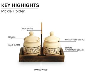 Art Of Warli Juego de tarros de chutney y pepinillos de cerámica multiusos con bandeja de madera Juego no hermético de 2 ollas de condimentos de cerámica - Product Image 5