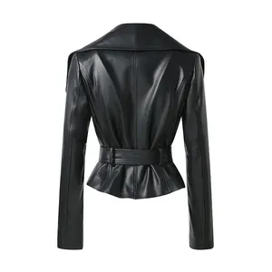 Blouson de moto en soie sur mesure pour femme, cuir véritable écologique, service ODM/OEM, style hip-hop streetwear, fourrure, style moto - Product Image 2