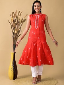 Kurta d'été élégante en coton, brodée de motifs ethniques, sans manches, taille naturelle, coupe trapèze, faite à la main, lavable, prête à porter - Product Image 4