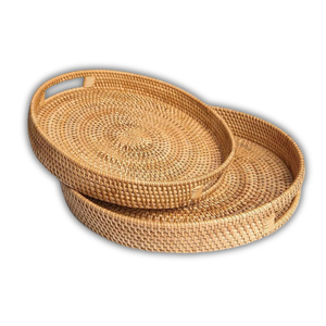 CESTA/BANDEJA DE RATÁN DE mimbre redonda duradera y elegante con asas, decoración del hogar personalizable, producto tejido a mano auténtico de Vietnam - Product Image 1