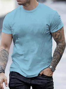 T-shirt décontracté pour homme 100 % coton respirant à manches courtes, col rond, couleur unie, idéal pour l'été et les activités de plein air - Product Image 4