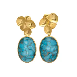 High Quality Exclusive Turquoise Doublet Gold Plated Brass Ultimate Pear Latest Brass Drop Design Earrings