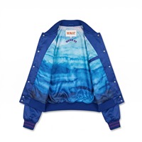 Blouson bomber court en satin pour femme, bleu roi, avec patchs en chenille violet, doublure par sublimation, logo personnalisé, OEM, streetwear