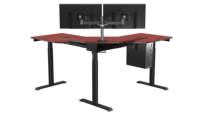 Bureau d'angle électrique convertible moderne VersaDesk, finition cerisier, revêtement poudré, hauteur réglable, bois/métal, pour bureau/salon