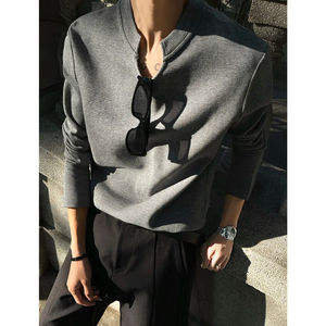 Camiseta de Manga Larga con Cuello en V para Hombre, Corte Ajustado, Color Sólido, Informal de Primavera, Básica, Lisa, Transpirable, Cómoda, Elástica y Suave - Product Image 4