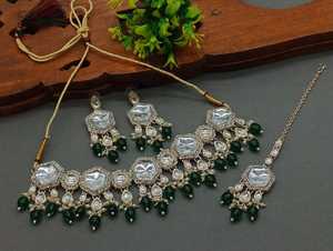 New Design Hexagon Shape Gold Plated Traditional <b>Drop</b> <b>Pearl</b> & Stone Studded Earring Mangtika Choker <b>Necklace</b>&Jewellery Set Women - Product Image 2