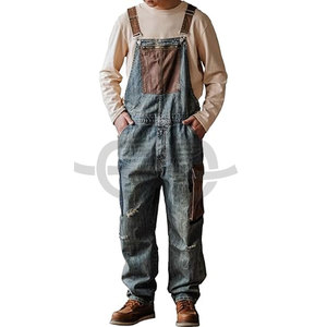 <b>Mens</b> Baggy <b>Denim</b> Bib <b>Overalls</b> Vintage Contrast Distressed Work Dungarees Sloppy Coveralls Big Pockets Casual Wear Construction - Product Image 1