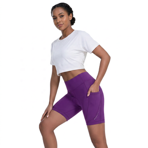 Shorts cyclistes pour femmes, taille haute, couleur violette, avec poches, séchage rapide, coupe ajustée, longueur courte, vêtements de sport - Product Image 2