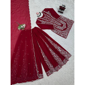 Latest Faux Georgette Suit Set with Plazo and Dupatta <b>Sequin</b> Thread Work Micro Inner Ready to Wear Sizes M to XXL - Product Image 1
