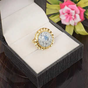 Anillo de plata de ley 92,5, piedra preciosa de ágata dendrítica (15mm), patrón geométrico, chapado en rodio, joyería con incrustaciones de boda, ajuste experto - Product Image 4