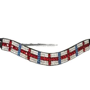 High Quality Personalized Flag Preciosa <b>Crystals</b> Black English Leather Horse Brow Band with <b>Stitched</b> Loops All Sizes Available - Product Image 1