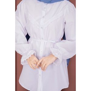 Camisa Blanca con Cordones para Mujer, con Detalle de Fisto, Tela Popelina, Top Largo Chic Casual, Talla XL, Estilo Retro Vintage para Primavera - Product Image 4