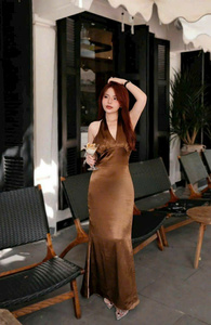Vestido Maxi Marrón Tejido Liso Ligero de Satén/Poliéster Suave con Cintura Natural, Espalda Abierta y Lazo, Elegante Corte en A para Fiesta - Product Image 1