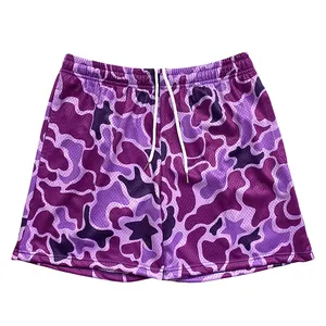 High quality wholesale 200 gsm mesh fabric summer streetwear basketball workout purple camo custom print mesh shorts with liner