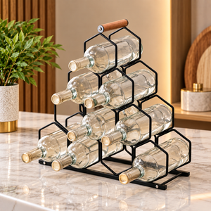 Range-bouteilles hexagonal fonctionnel avec design en nid d'abeille empilable, finition métal noir, poignée en bois, organisateur de bouteilles pour comptoir - Product Image 1