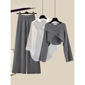 ชุดเสื้อผ้า3ชิ้นสำหรับสาวออฟฟิศชุดเสื้อสเวตเตอร์ถักแบบไม่สม่ำเสมอ + เสื้อเชิ้ต + กางเกงขากว้างสำหรับฤดูหนาว - Product Image 3