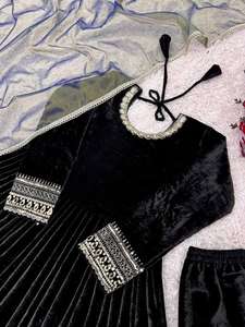 Indian Heavy Designer Viscose Velvet Embroidery Sequence Work Sleeve Ethnic Wear Outfit Embroidery <b>Top</b> and Bottom With Dupatta - Product Image 5