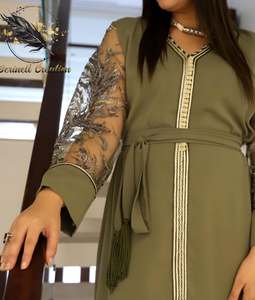 Elegante caftán marroquí antiestático bordado a mano transpirable Georgette verde oliva vestido informal ODM suministro tradicional musulmán - Product Image 1
