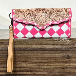 Cartera de Mano de Cuero con Diseño Floral Rosa y Cuadros, Hecha a Mano, con Protección RFID, Cartera Larga de Cuero Vacuno para Mujer, 2025 - Product Image 1