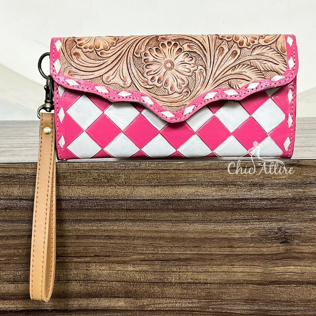 2025 Designer Hand Tooled Pink Floral Checkered Leather Wristlet Clutch RFID Protected Cow Leather Long Wallet Purse For Women