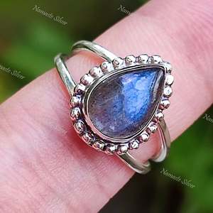 Dainty 925 Sterling Silver <b>Labradorite</b> <b>Ring</b> Boho Birthstone Handmade Inlay Jewelry with Natural Pear Shape Gemstone - Product Image 2