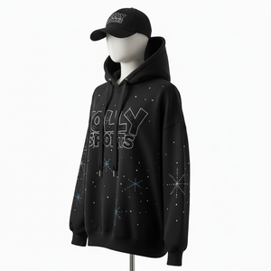 Women Oversize Hoodie Premium Cotton Polyester <b>Fleece</b> 320 GSM <b>Black</b> Rhinestone Hotfix Custom Logo basics Hoodie - Product Image 4